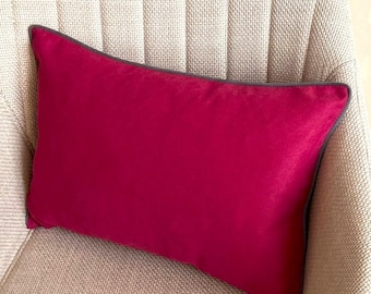 Plum Velvet Pillow Cover with Contrast Piping, Colorful Accent Cushion for Armchair, Sofa or Bed, Modern Home Decor