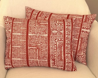 Terracotta Ethnic Accent Pillow Cover, Geometric African Cushion, Rust Velvet Pillow for Couch