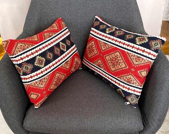 Red and Black Kilim Lumbar Pillow Cover 12x18 Inch (30x45 cm), Turkish Carpet Small Throw Pillows for Couch