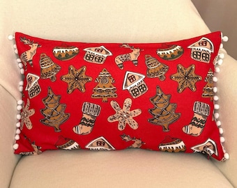 Red and green Christmas pillow cover in red and green, Gingerbread lumbar pillow with pom pom, Holiday home decor and gift