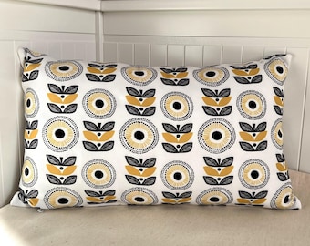 Scandinavian Pillow Cover in Mustard Yellow Black and White; Velvety Decorative Cushion with Floral Geometric Pattern