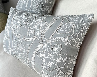 Textured Decorative Pillow Cover with White Ornamental Embroidery, Neutral Gray Cotton Cushion for Sofa and Bed