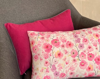Plum and Pink Floral Velvet Pillow Cover Set for Couch, Pop of Color Small Lumbar Pillows 12x18 Inch (30x45 cm)