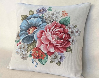 Tapestry Floral Throw Pillow Cover 18x18 Inch (45х45 cm), Red and Blue Vintage Style Decorative Pillow for Sofa or Bed