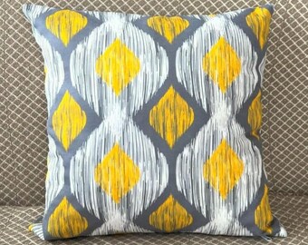 Geometric Gray and Yellow Velvet Pillow Cover 18x18 Inch (45x45 cm), Accent Modern Ikat Style Cushion