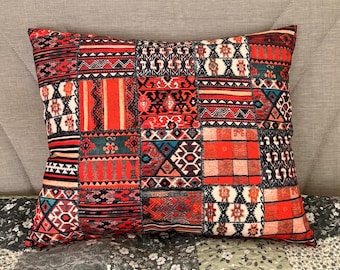Red Orange Patchwork Pattern Throw Pillow Cover, Colorful Ethnic Decorative Cushion for Sofa and Bed