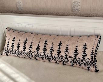 Beige Boho Pillow Cover with Black Geometric Print, Tribal Pom Pom Accent Throw Pillow