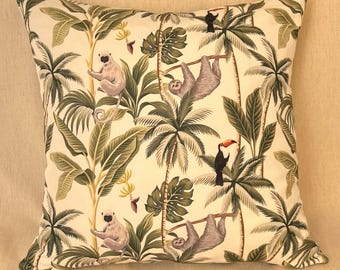 Palm Tree, Leaf and Monkey Velvet Pillow Cover 18×18 іnch (45×45 cm), Decorative Tropical Throw Pillow in Green and Cream