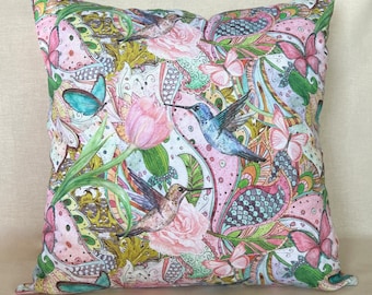 Hummingbird and Butterfly Throw Pillow Cover for Sofa or Bedroom Decor, Pink Decorative Floral Cushion