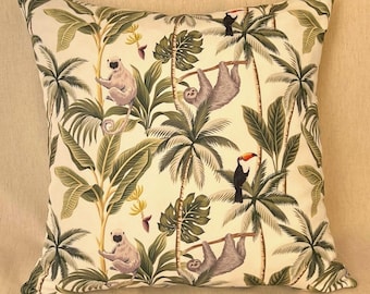 Palm Tree and Monkey Throw Pillow Cover, Tropical Leaf Cushion for Sofa in Green and Cream 18×18 Inch (45×45 cm)