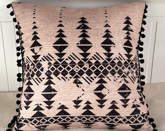 Beige and Black Tribal Pillow Cover with Pom Pom for Sofa and Bed, Ethnic Geometric Velvet Cushion