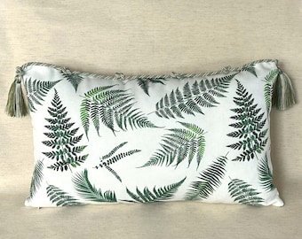 Fern Pillow Cover with Tassels 12 x 20 Inch (30 x 50 cm), Green and Cream Small Lumbar Pillow for Chairs