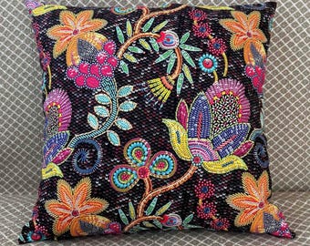 Bright Black Floral Pillow Cover for Sofa and Bed, Colorful Boho Velvety Cushion | Available in Multiple Sizes