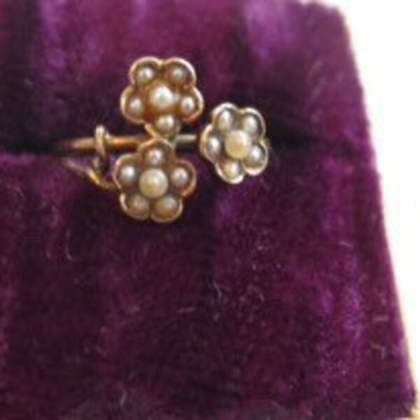 RESERVED for CAIT Victorian 10K Gold Seed Pearls Baby Ring 3 Flowers of Pearls Sz 3 1/4