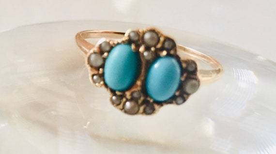 Victorian 10K Gold Turquoise 12 Seed Pearls Ring … - image 1