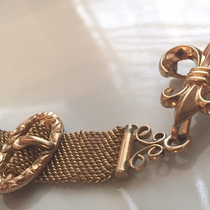 Victorian Pocket Watch Fob Gold Fill Goldfilled Seal on Mesh Chain, Fleur de Lys, Hallmark 1/20 12 KG, CA in an Arrow, Buckle