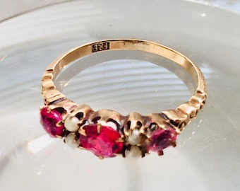 Victorian 10K Gold Ring Rubies Seed Pearls Prong Set 1 replaced Ruby Hallmark Sz 6