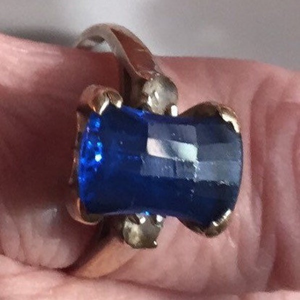 Vintage 10K Gold Ring French Paste Diamonds faceted Glass Sapphire Sz 7 3/4