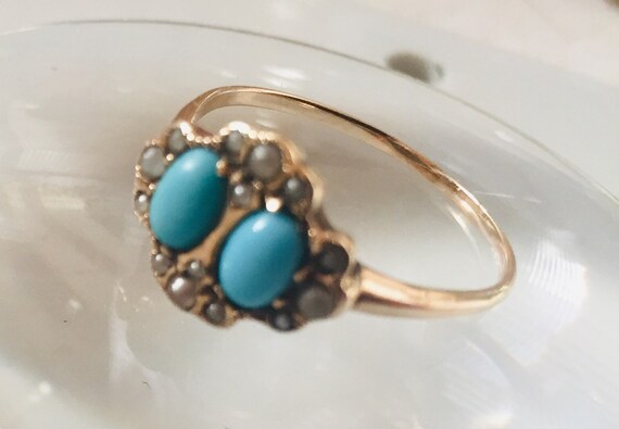 Victorian 10K Gold Turquoise 12 Seed Pearls Ring … - image 2