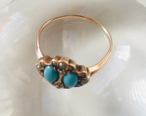 Victorian 10K Gold Turquoise 12 Seed Pearls Ring … - image 5