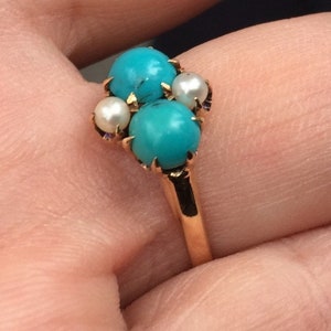 Victorian 14K 14 Ct Gold Ring Turquoise Seed Pearls Prong Set Sz 7 Hallmark