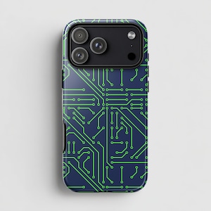May include: A smartphone case featuring a dark navy blue background with a bright lime green circuit board pattern. The design includes interconnected lines and circular nodes that mimic the appearance of a printed electronic circuit board.