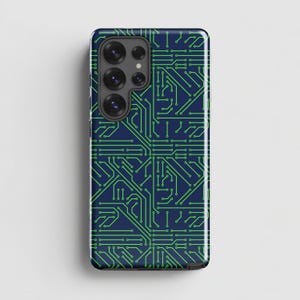 May include: A rectangular smartphone case featuring a dark navy blue background with a bright green circuit board pattern. The design consists of interconnected lines and circular nodes that mimic the appearance of electronic pathways.