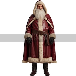 Red Leather Santa Coat & Cloak Set: Faux Fur Trim, Holiday Cosplay