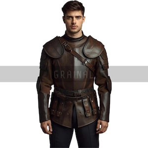 Premium Medieval Leather Armor Coat - Gothic Knight Leather Outfit - LARP Medieval Costume Set - Dark Battle Armor Cloak