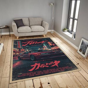 May include: A rectangular rug with a retro design, depicting a red sports car in a neon-lit Japanese cityscape. The rug's design includes Japanese text and English phrases, with a dark colour scheme and a vintage aesthetic.