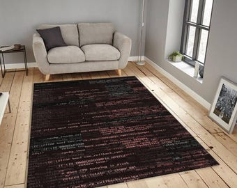Coder Aesthetic Rug, Red Hacker Code | Dark Cyberpunk Decor | Man Cave Gift, Non-Slip Mat, Gamer Room Decor