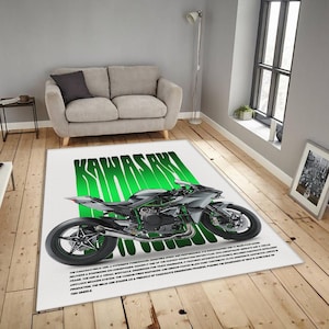 Superbike Rug, 300HP Kawasaki Ninja H2R | Speed Freak Gift Idea | Modern Motorcycle Carpet, Personalized Custom Rug, Motorcycle Garage Mat