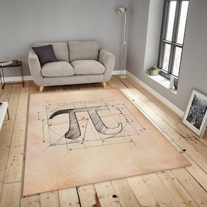 May include: A rectangular area rug featuring a large, hand-drawn Pi symbol with architectural lines and measurements. The rug has a beige background with a distressed, vintage look. The Pi symbol is in black and brown.