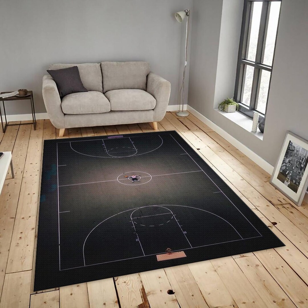 Minimalist Basketball Court Rug, Aerial View Art | Dark Sports Decor ...
