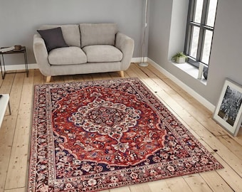 Traditioneller persischer Stil Teppich, rotes Medaillon | Vintage orientalisches Dekor | Klassischer Wohnzimmerteppich, rutschfest, elegant