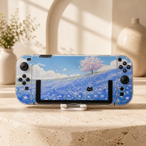 Étui Black Cat Flower Field pour Switch, Blue Meadow Cover, Dreamy Cat pour Switch OLED Lite et Switch 2