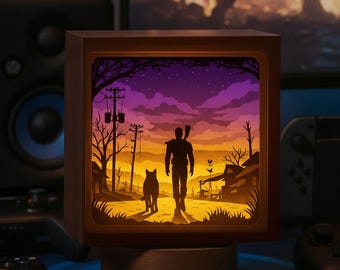 Wasteland Wanderer Shadow Box Lamp: Layered Papercut Night Light, Gamer Decors