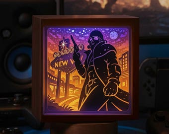 Wasteland Ranger Light Box with Desert City Neon Sign, Layered Papercut Art Gift for Gamers, Room Decor