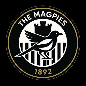May include: Circular black and white emblem with a magpie bird illustration, a castle, and the text "THE MAGPIES" and "1892". The design is set against a black background, with a gold border.