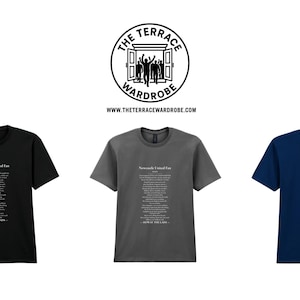 May include: Three short-sleeved t-shirts in black, gray, and navy blue. Each shirt features a printed poem in white text. Above the shirts is a circular logo with text and a website address.