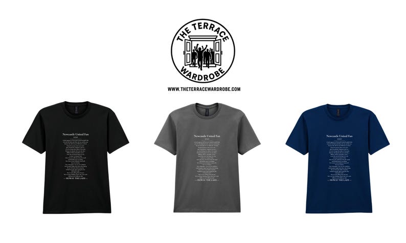 May include: Three short-sleeved t-shirts in black, gray, and navy blue. Each shirt features a printed poem in white text. Above the shirts is a circular logo with text and a website address.