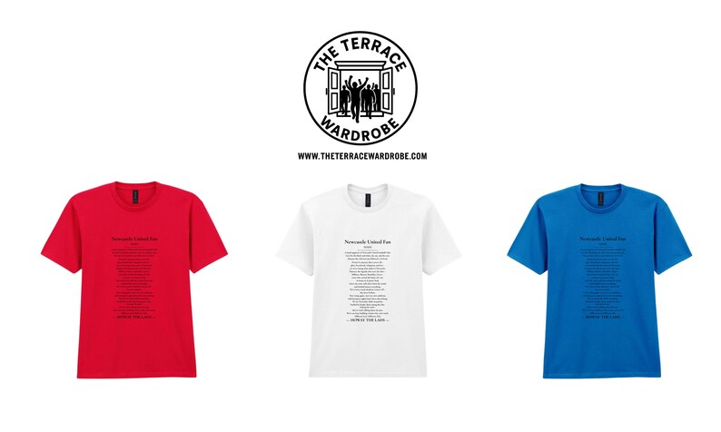 May include: Three t-shirts in red, white, and blue. Each shirt has a crew neck and short sleeves. The shirts display a poem in black text. Above the shirts is a black and white logo with the text "THE TERRACE WARDROBE".