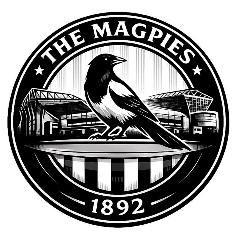 Puede incluir: Un emblema circular en blanco y negro con un ave, una urraca, en el centro, sobre una ilustraci&oacute;n de un estadio. Las palabras "THE MAGPIES" est&aacute;n en la parte superior, con "1892" en la parte inferior. El dise&ntilde;o es una ilustraci&oacute;n monocrom&aacute;tica.