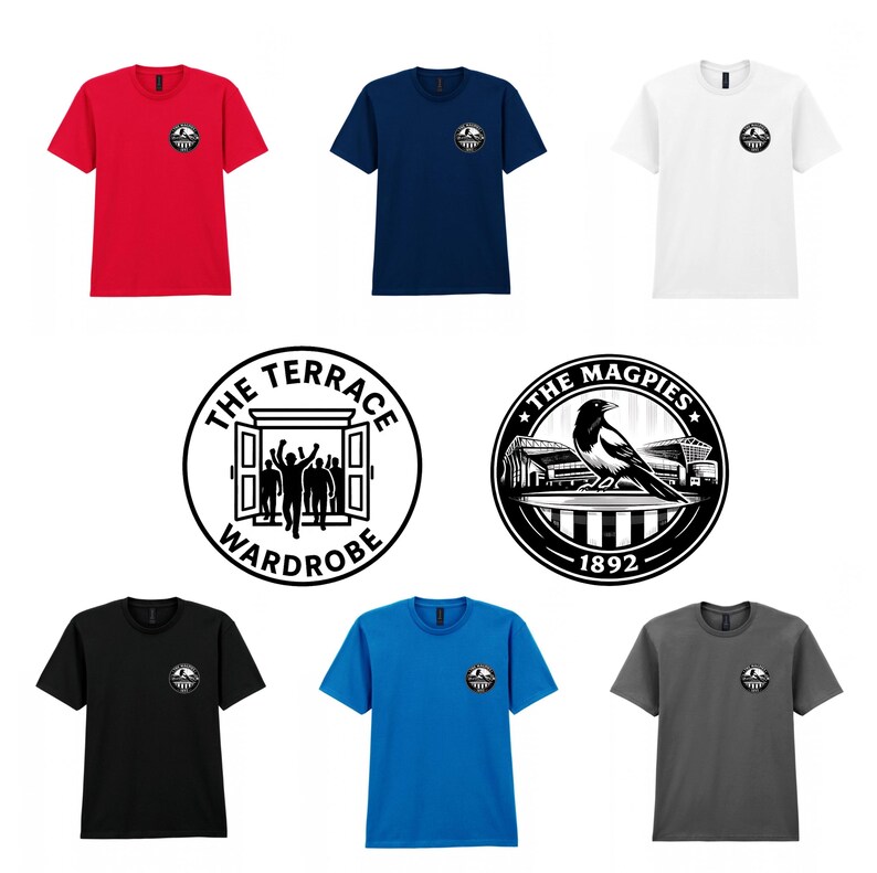 Puede incluir: Una colecci&oacute;n de camisetas de manga corta en varios colores, incluyendo rojo, azul marino, blanco, negro, azul y gris. Cada camiseta presenta un peque&ntilde;o logotipo circular en el pecho. Tambi&eacute;n se muestran dos logotipos circulares adicionales.