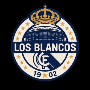May include: A circular emblem with a blue and white design. The words "LOS BLANCOS" are displayed above a stylized "F" and the numbers "19 02". A gold crown and stars surround the emblem.