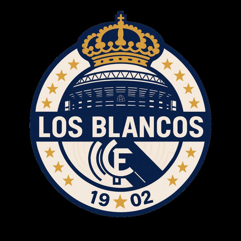 May include: A circular emblem with a blue and white design. The words "LOS BLANCOS" are displayed above a stylized "F" and the numbers "19 02". A gold crown and stars surround the emblem.