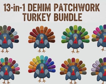 Denim Latch hook Patchwork Turkey PNG/SVG 13-in-1 Bundle | Thanksgiving Sublimation & Cut File Collection