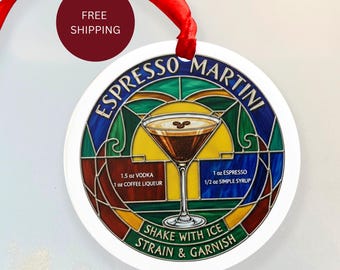 Espresso Martini Ornament Metal | Faux Stained Glass Cocktail Recipe Keepsake