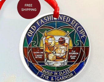 Old Fashioned Recipe Ornament | Faux Stained Glass, Bourbon Gift