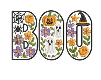 BOO Halloween Embroidery Design: Ghosts, Pumpkins, Flowers (Digital Download)